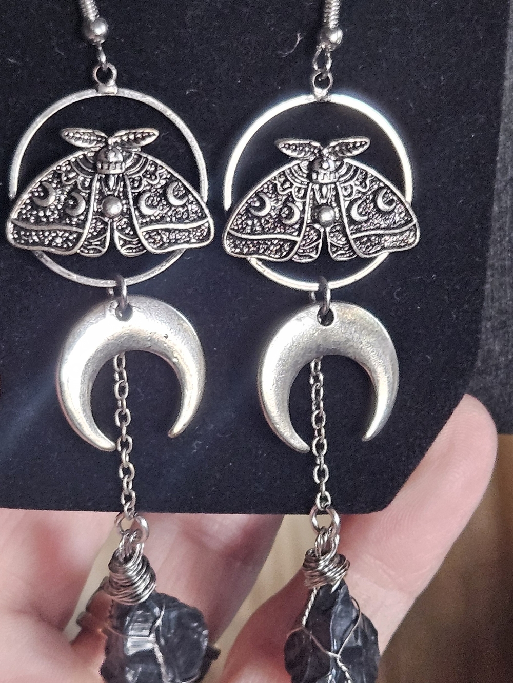 Silver Moth & Crescent Moon Dangle Earrings - Silver And Black Tourmaline Stone